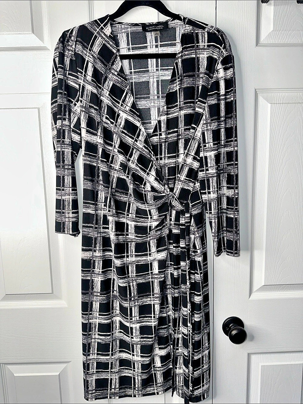 Black Label by Evan-Picone Women's Checkered Faux Wrap Dress Size 14 Like New